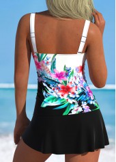 Black swimwear,Floral swimwear,Plants swimwear,ROTITA Ruched Black Floral Print Mid Waisted Tankini Set