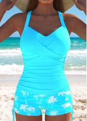 ROTITA Criss Cross Cyan Tropical Plants Print Tankini Set