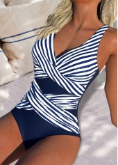 Navy swimwear,Striped swimwear,Geometric swimwear,ROTITA Criss Cross Navy Striped One Piece Swimwear