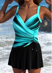 Cyan swimwear,Black swimwear,Ombre swimwear,ROTITA Drawstring Cyan Ombre One Piece Swimdress