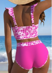 Hot Pink swimwear,Plaid swimwear,Geometric swimwear,ROTITA Circular Ring Hot Pink Gingham Print Bikini Set