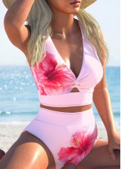 Pink swimwear,Floral swimwear,Plants swimwear,ROTITA Criss Cross Pink Floral Print High Waisted Bikini Set
