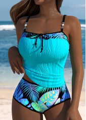 Cyan swimwear,Plants swimwear,ROTITA Tie Cyan Tropical Plants Print Mid Waisted Tankini Set