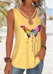 Yellow tops,Animal Print tops,ROTITA Circular Ring Butterfly Print Yellow Round Neck Tank Top