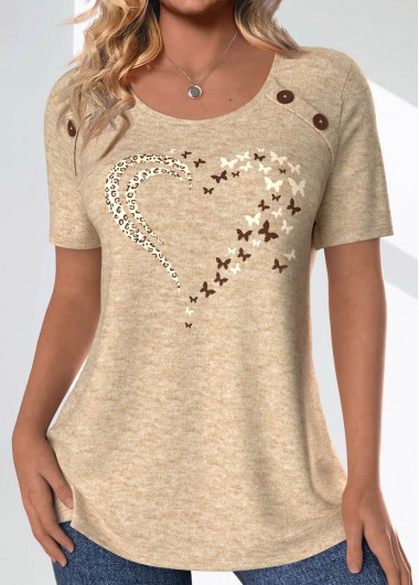 Light Camel tops,Animal Print tops,Heart tops,Leopard tops,ROTITA Button Butterfly Print Light Camel Round Neck T Shirt