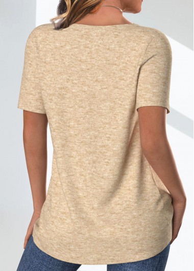 Light Camel tops,Animal Print tops,Heart tops,Leopard tops,ROTITA Button Butterfly Print Light Camel Round Neck T Shirt