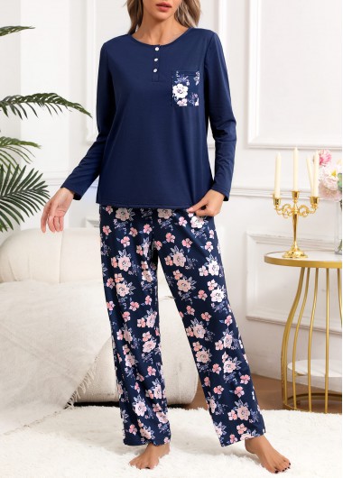 Navy loungewear,Floral loungewear,Plants loungewear,Floral Print Navy Round Neck Lounge Top and Pants