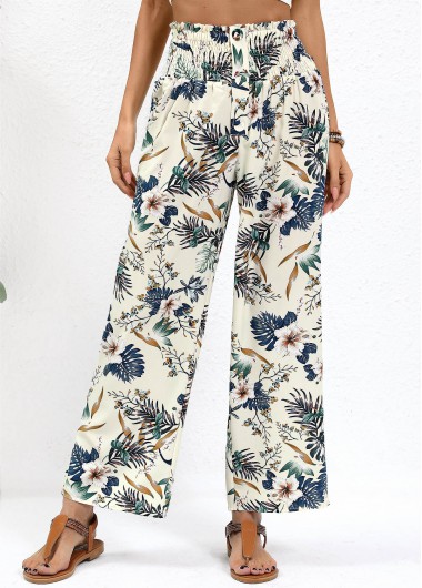 Beige bottoms,Plants bottoms,Plants Print Beige Straight Leg Elastic Waist Pants