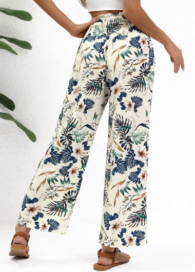 Beige bottoms,Plants bottoms,Plants Print Beige Straight Leg Elastic Waist Pants