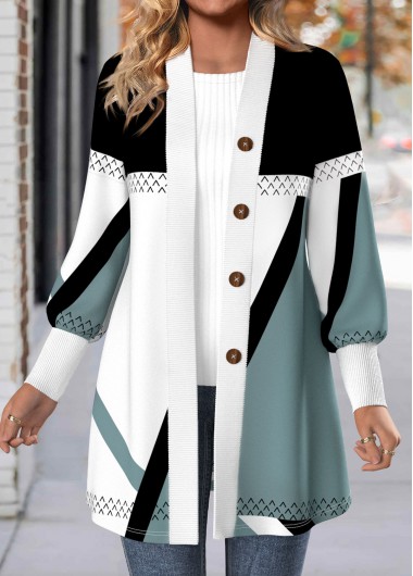 Multi Color tops,Geometric tops,ROTITA Button Geometric Print Multi Color Long Sleeve Coat