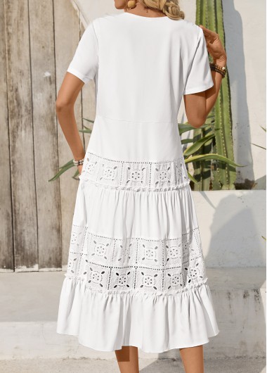 White dresses,Plain Color dresses,Vacation dresses,Vacation dresses,ROTITA Embroidery White Round Neck Short Sleeve Dress