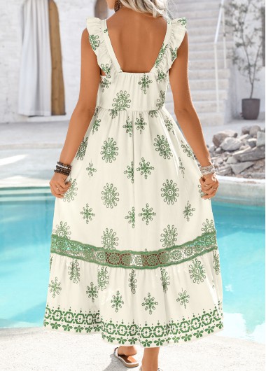Raw white dresses,Green dresses,Tribal dresses,Vacation dresses,Vacation dresses,ROTITA Embroidery Tribal Print Raw White Maxi Square Neck Dress