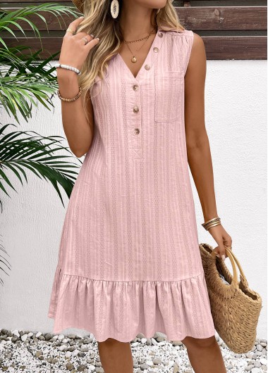 Light Pink dresses,Plain Color dresses,Everyday dresses,Casual dresses,ROTITA Button Light Pink A Line Turn Down Collar Dress