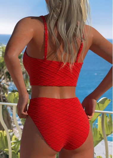 Red swimwear,Plain Color swimwear,ROTITA Jacquard Design Red Scoop Neck Bikini Set