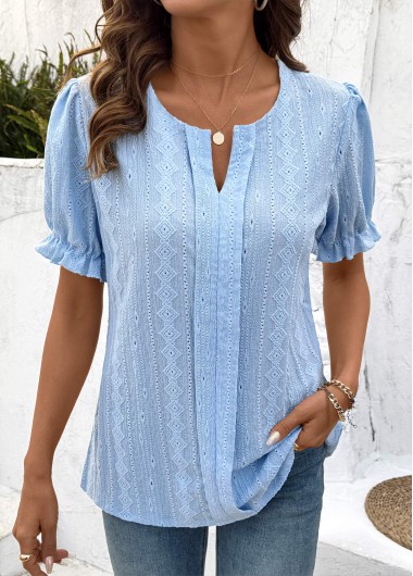 Light Blue tops,Plain Color tops,ROTITA Lace Light Blue Split Neck Short Sleeve Blouse