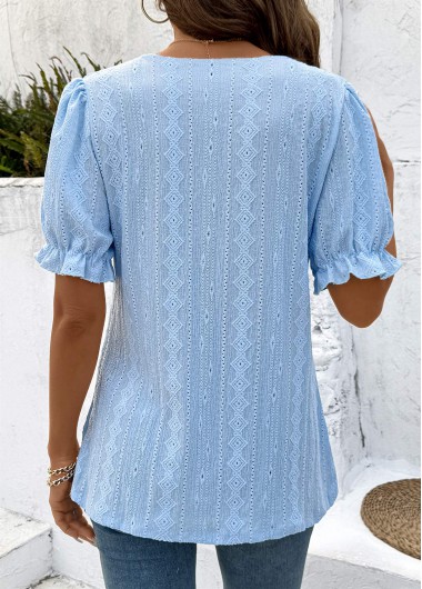 Light Blue tops,Plain Color tops,ROTITA Lace Light Blue Split Neck Short Sleeve Blouse