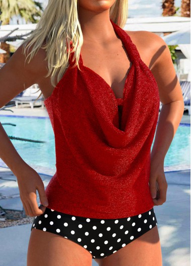 Red swimwear,Geometric swimwear,ROTITA Hot Stamping Red Geometric Print High Waisted Tankini Set