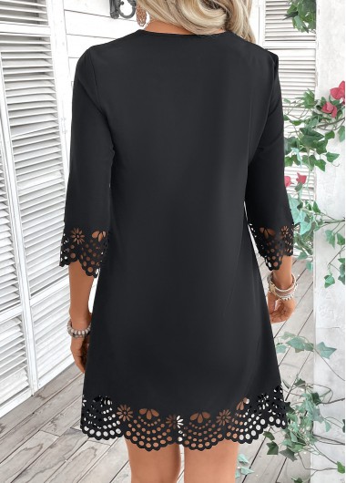 Black dresses,Plain Color dresses,Everyday dresses,Casual dresses,ROTITA Black A Line V Neck 3/4 Sleeve Dress