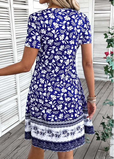 Blue dresses,Tribal dresses,Everyday dresses,Casual dresses,ROTITA Patchwork Tribal Print Blue A Line Scoop Neck Dress