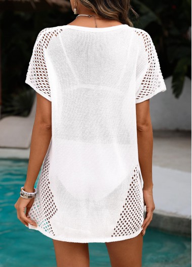 White swimwear,Plain Color swimwear,Tie Short Sleeve White Cover Up