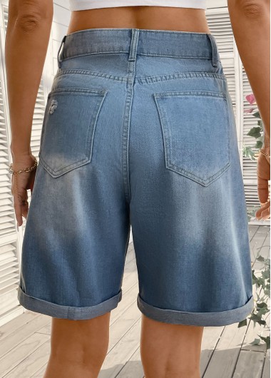 Denim Blue bottoms,Plain Color bottoms,Denim Blue Button Fly High Waisted Shorts