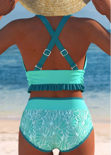 Cyan swimwear,Contrast Color swimwear,ROTITA Jacquard Cyan Mid Waisted Bikini Set