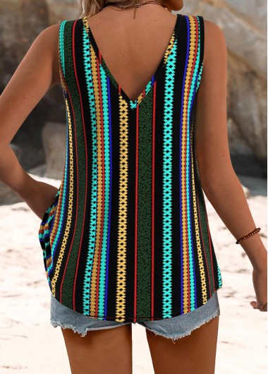 Multi Color tops,Striped tops,Geometric tops,ROTITA Twist Striped Multi Color V Neck Strappy Tank Top