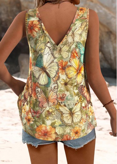 Multi Color tops,Animal Print tops,ROTITA Butterfly Print Multi Color V Neck Strappy Tank Top