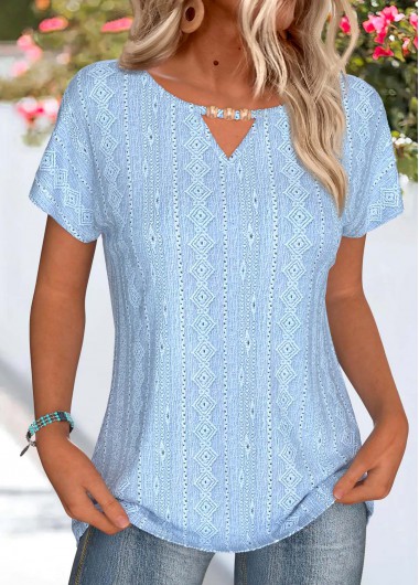 Light Blue tops,Plain Color tops,ROTITA Lace Light Blue Round Neck Short Sleeve T Shirt