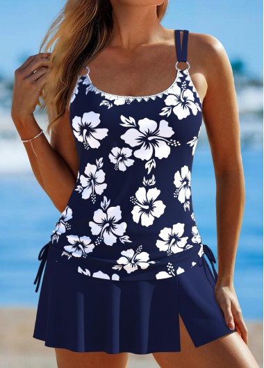 Navy swimwear,Floral swimwear,Plants swimwear,ROTITA Ruched Navy Floral Print Mid Waisted Tankini Set