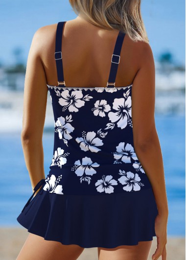 Navy swimwear,Floral swimwear,Plants swimwear,ROTITA Ruched Navy Floral Print Mid Waisted Tankini Set