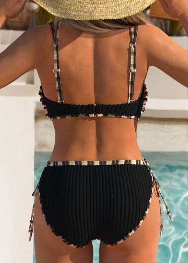 Black swimwear,Plaid swimwear,Geometric swimwear,ROTITA Frill Black Plaid Mid Waisted Bikini Set
