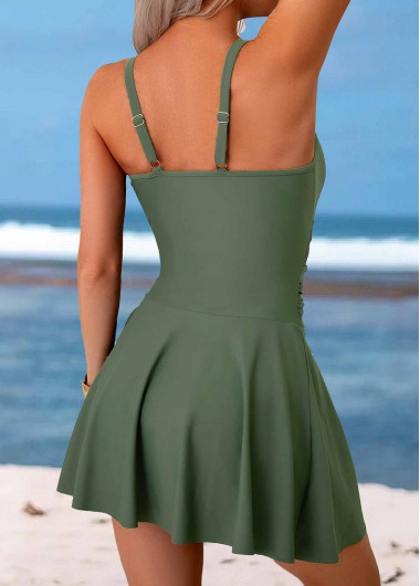 Olive Green swimwear,Plain Color swimwear,Tie Olive Green Patchwork One Piece Swimdress