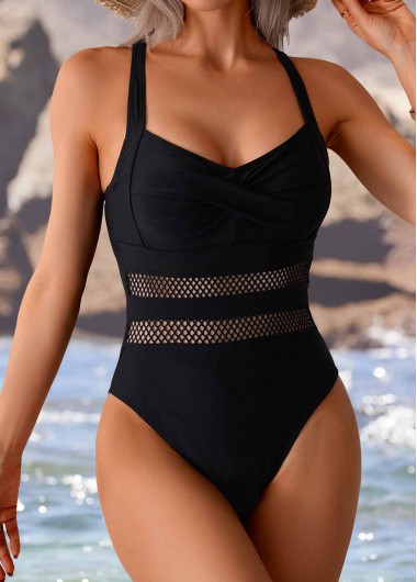 Black swimwear,Plain Color swimwear,Criss Cross Black One Piece Swimwear