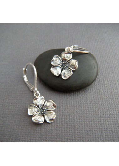Silver jewelry,Silver Color Alloy Detail Flower Earrings