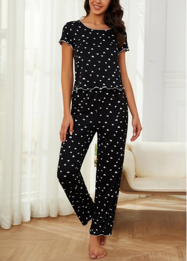 Black loungewear,Heart loungewear,Heart Print Black Round Neck Lounge Top and Pants