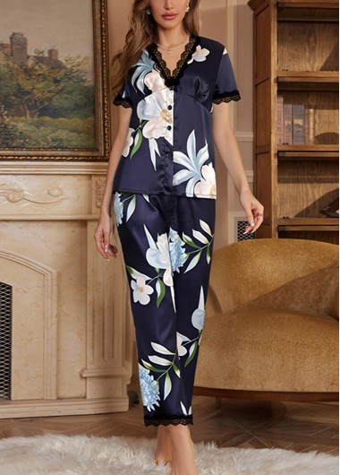Navy loungewear,Floral loungewear,Plants loungewear,Floral Print Navy V Neck Lounge Top and Pants