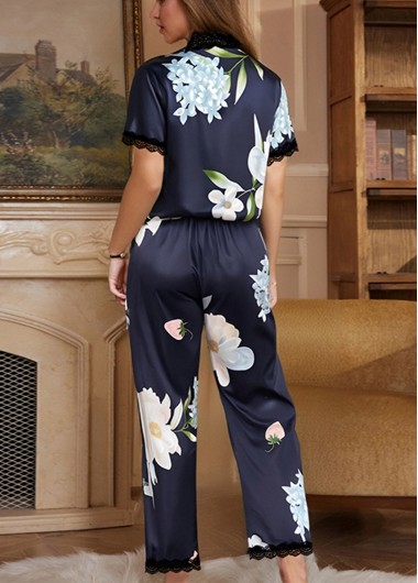 Navy loungewear,Floral loungewear,Plants loungewear,Floral Print Navy V Neck Lounge Top and Pants