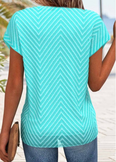 Cyan tops,Plain Color tops,ROTITA Button Cyan Round Neck Short Sleeve T Shirt