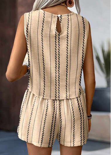 Light Camel tops,Striped tops,Geometric tops,ROTITA Button Striped Light Camel Round Neck TOP and Shorts