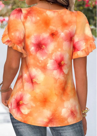 Orange tops,Floral tops,Plants tops,ROTITA Plus Size Orange Floral Print Blouse
