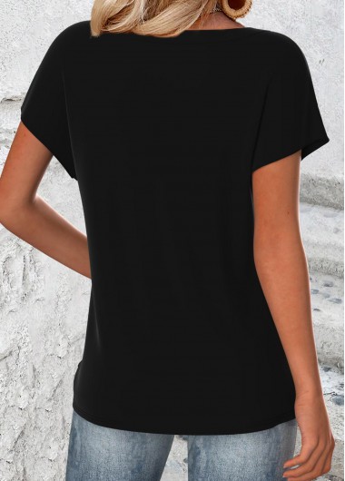 Black tops,Animal Print tops,ROTITA Butterfly Print Black Round Neck Short Sleeve T Shirt