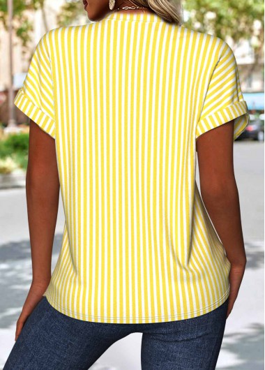 Light Yellow tops,Striped tops,Geometric tops,ROTITA Striped Light Yellow Split Neck Short Sleeve Blouse