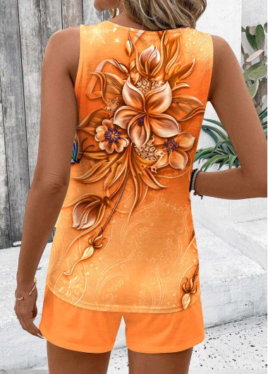Orange tops,Floral tops,Plants tops,ROTITA Two Piece Floral Print Orange Sleeveless Top and Shorts