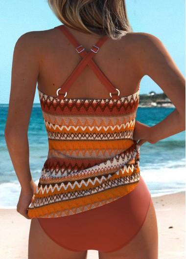 Orange swimwear,Terracotta swimwear,Striped swimwear,Geometric swimwear,ROTITA Criss Cross Orange Striped Mid Waisted Tankini Set