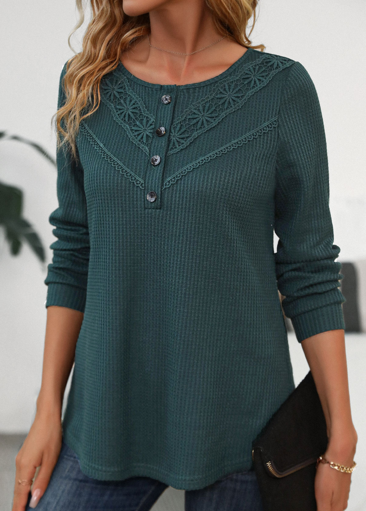 ROTITA Patchwork Blackish Green Scoop Neck Long Sleeve T Shirt