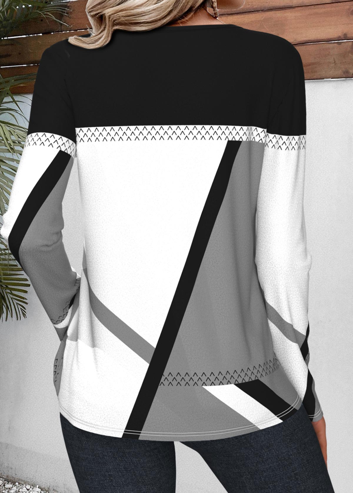 Grey tops,Geometric tops,Striped tops,ROTITA Patchwork Geometric Print Multi Color Round Neck T Shirt