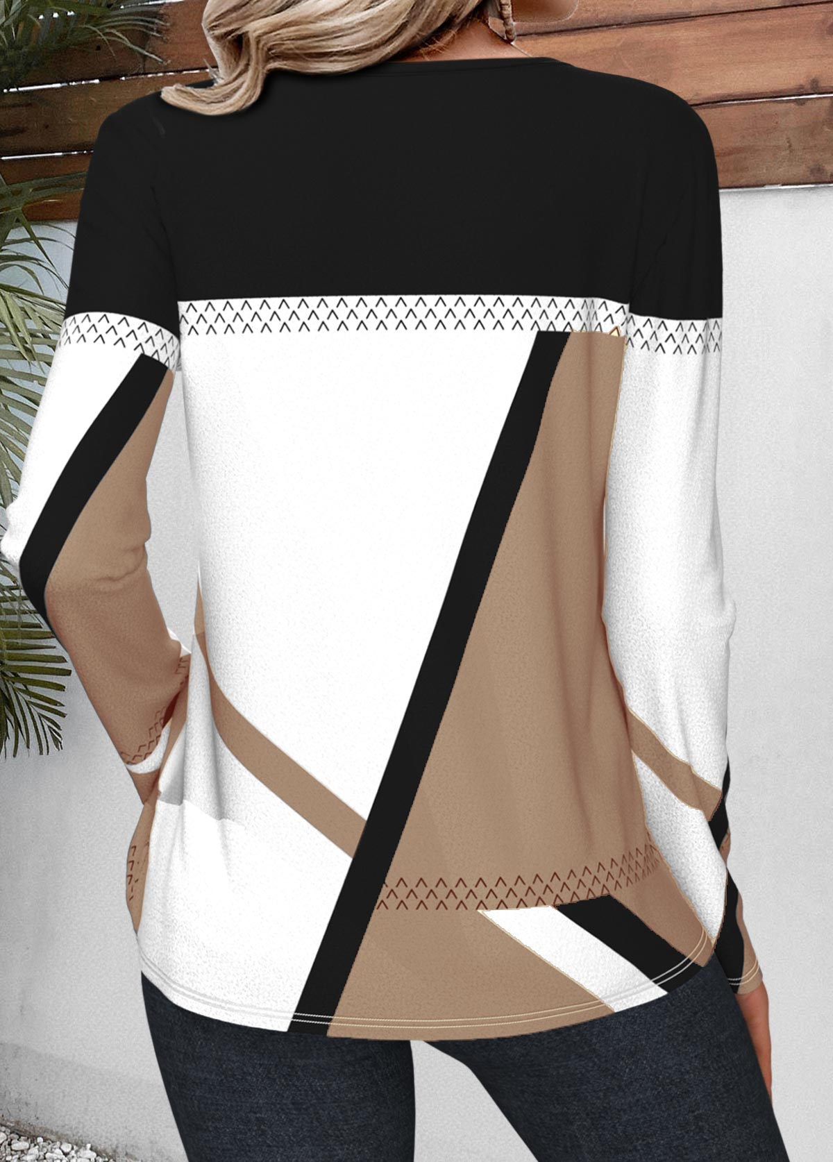Light Coffee plus size,White plus size,Geometric plus size,Striped plus size,ROTITA Plus Size Patchwork Light Coffee Geometric Print T Shirt