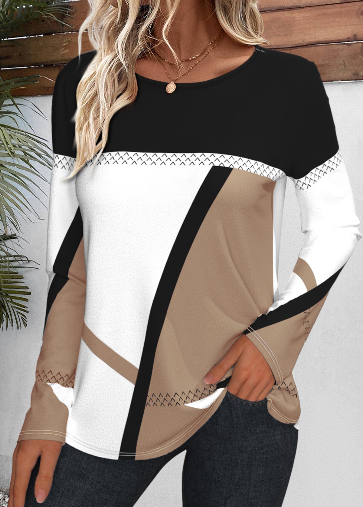 Light Coffee plus size,White plus size,Geometric plus size,Striped plus size,ROTITA Plus Size Patchwork Light Coffee Geometric Print T Shirt