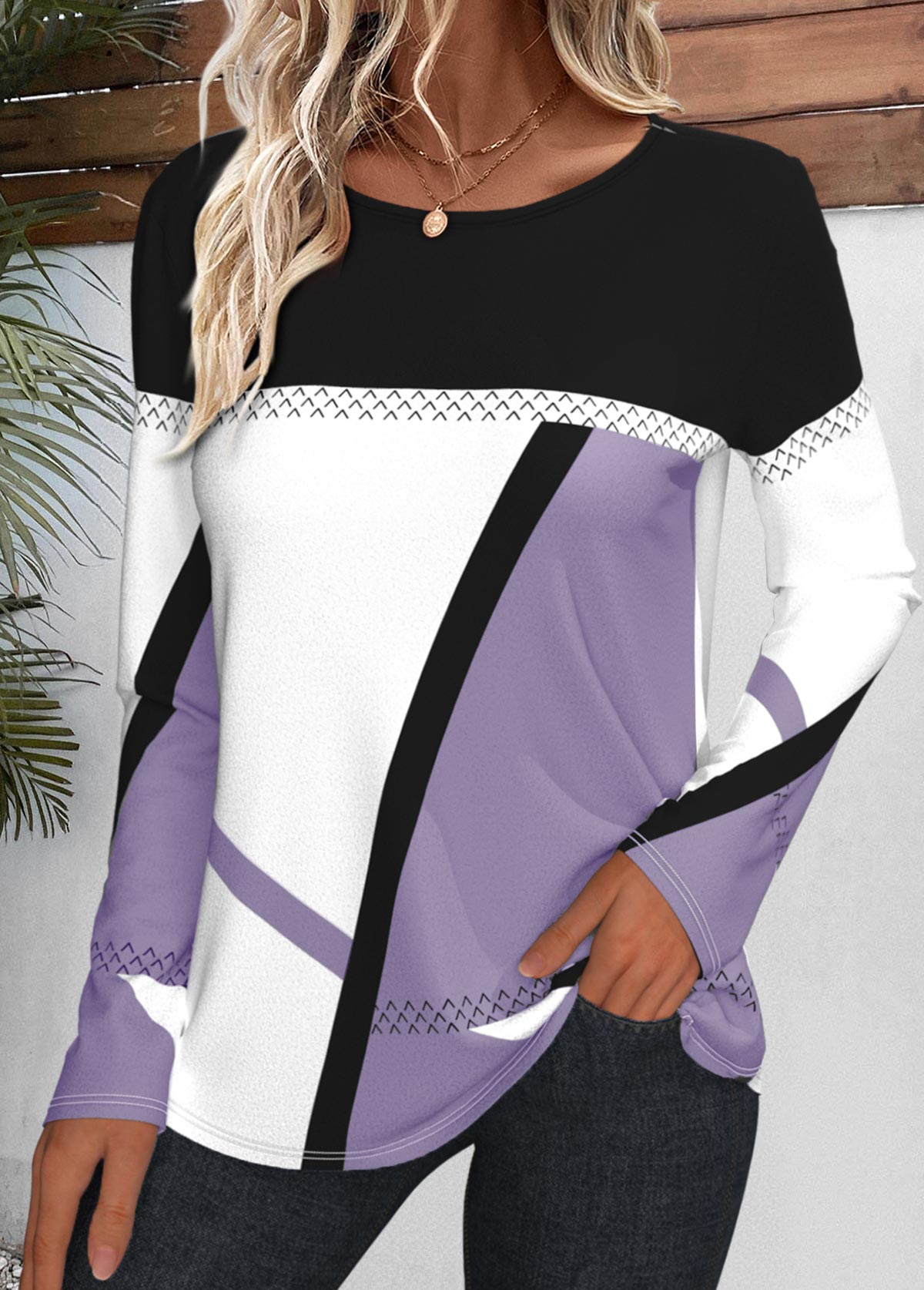 ROTITA Patchwork Geometric Print Light Purple Round Neck T Shirt